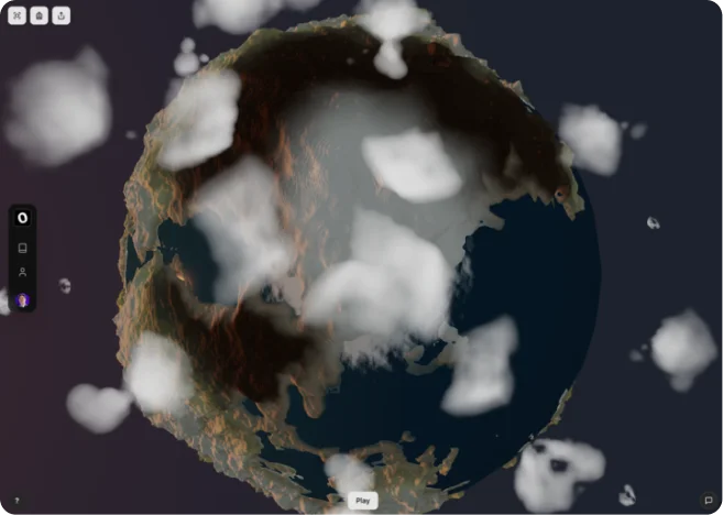 The simulated planet seen from space, volumetric clouds drifting over landmasses and a dark ocean, half in night.