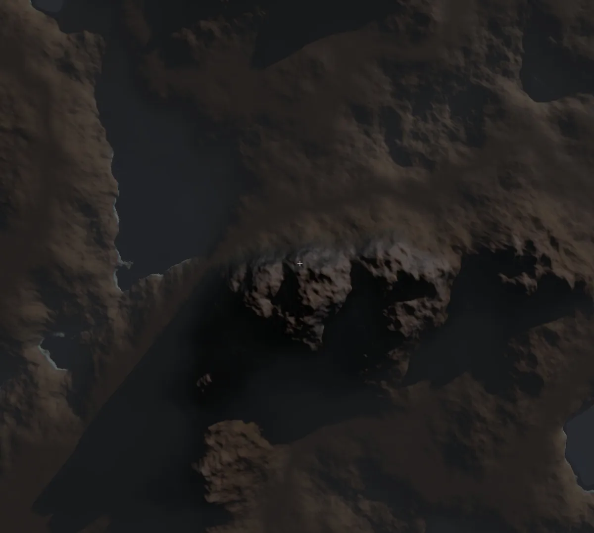 A top-down view of the voxel terrain, rocky land split by dark channels of water.