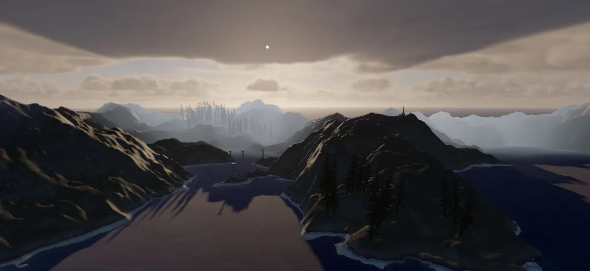 A ground-level view across forested ridges and water on the simulated planet, the sun low through layered cloud.