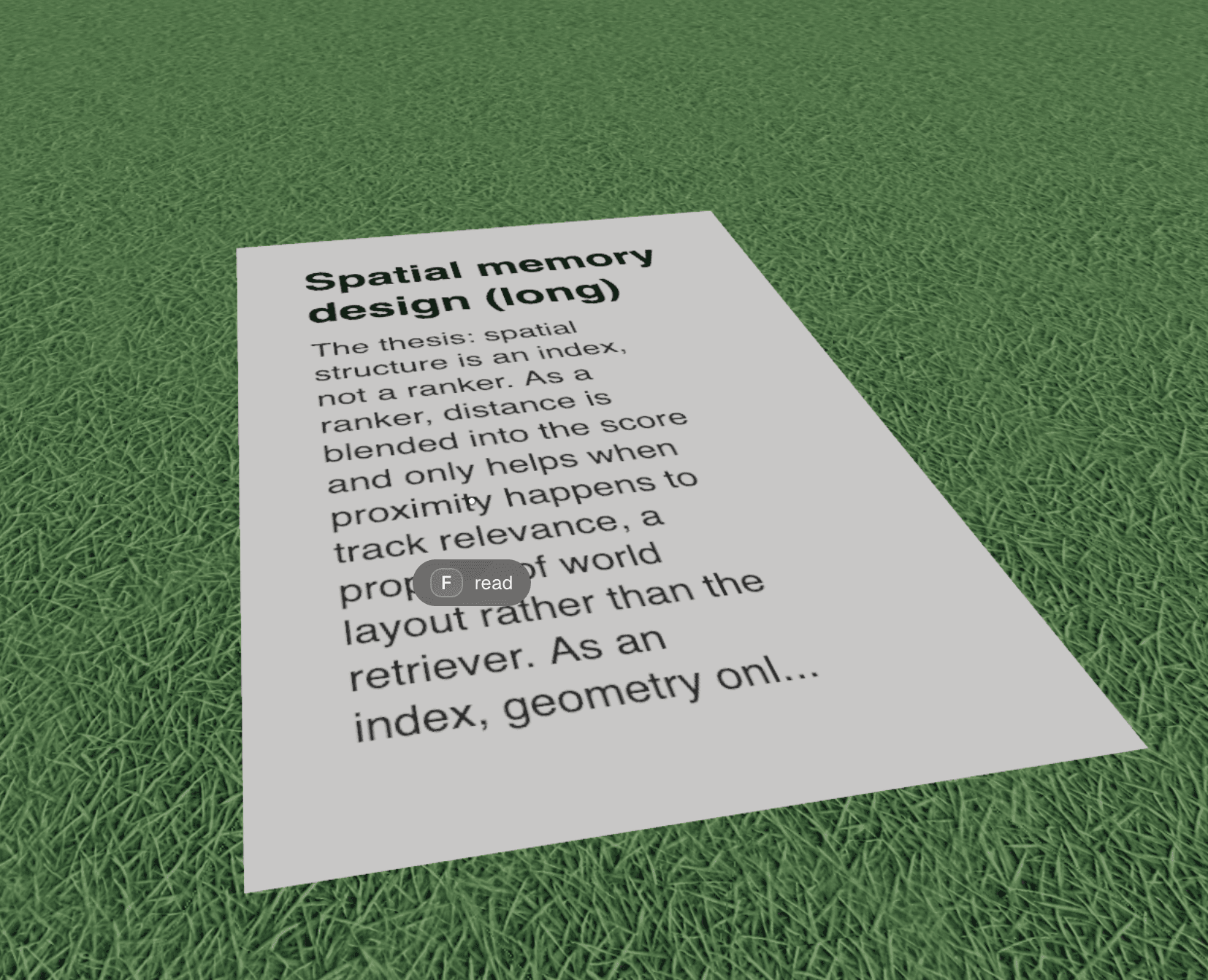 A spatial memory design document posted inside a live SPACE0 world, with a read prompt.