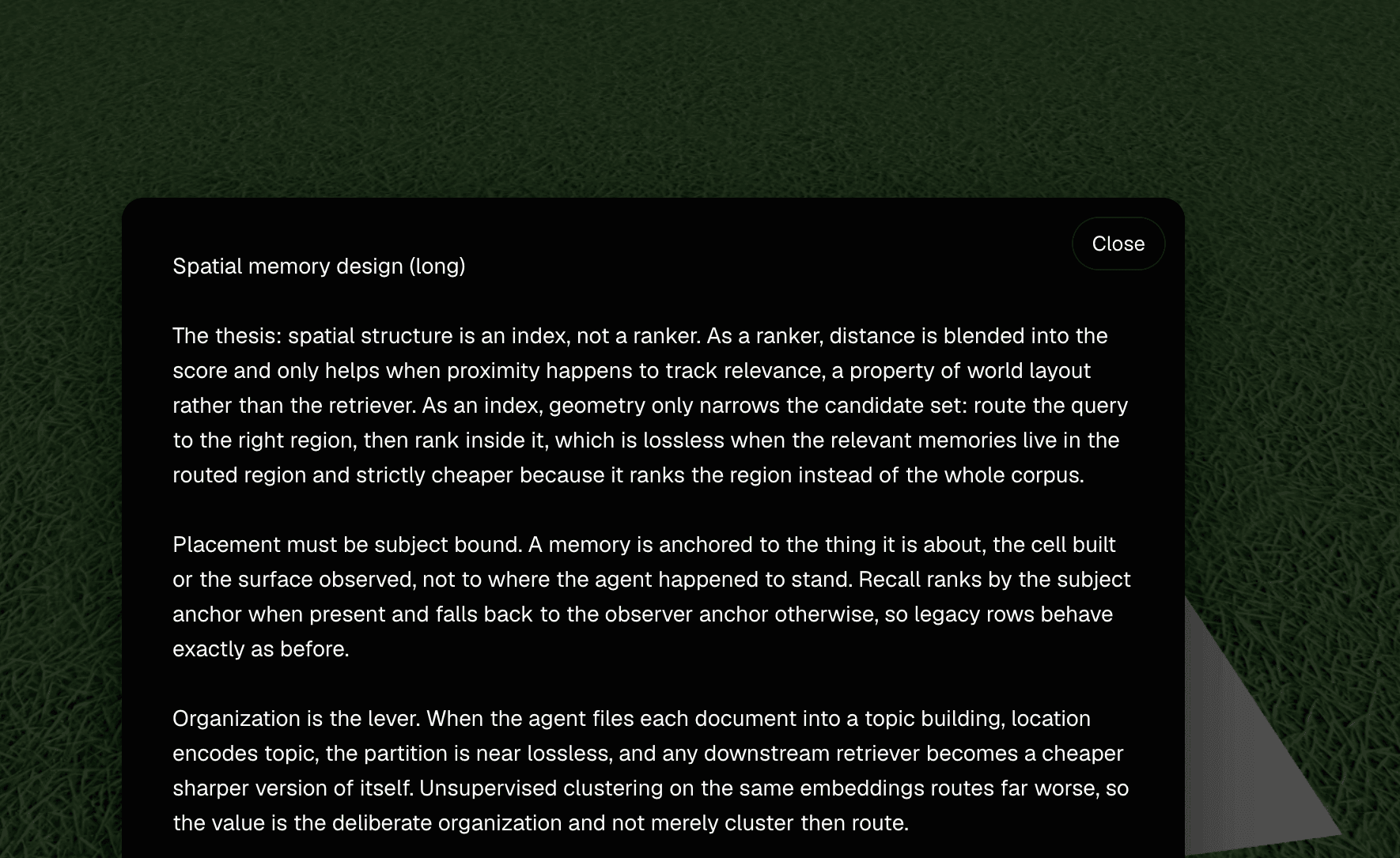The spatial memory design document opened in the in-world reading overlay, its thesis paragraphs readable.