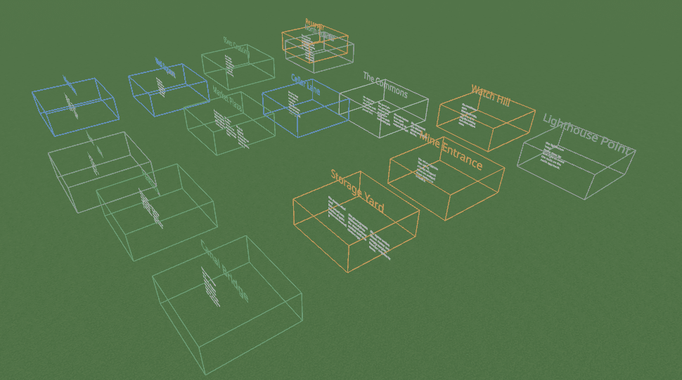 A wireframe view of the spatial memory regions laid over a live SPACE0 world.