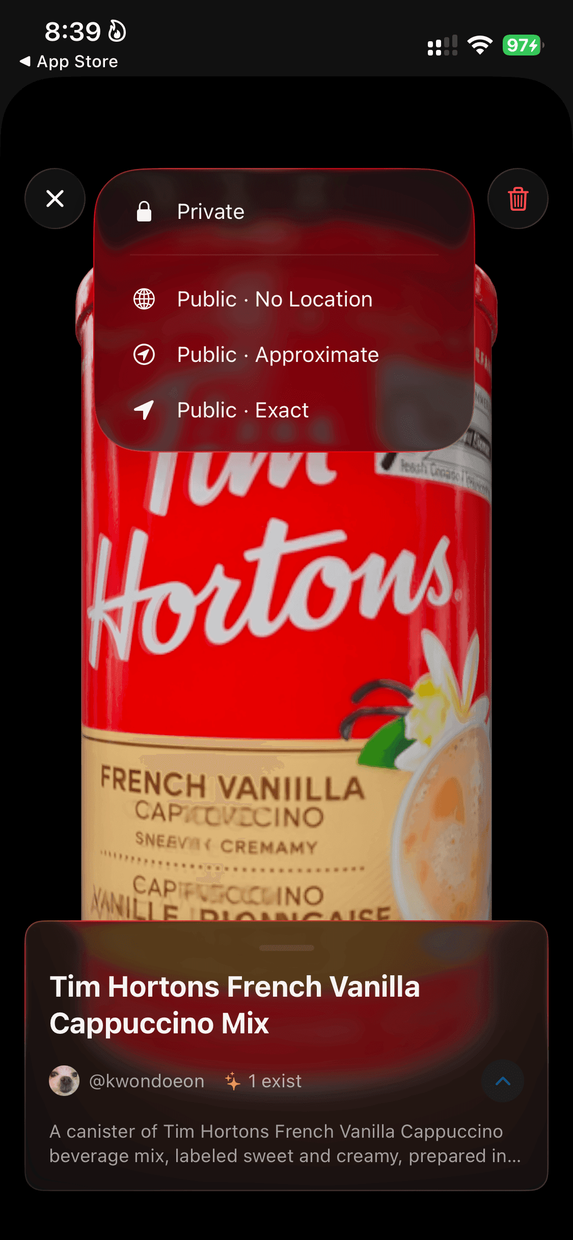 A real product captured into a 3D model, shown in the app with its detail card.