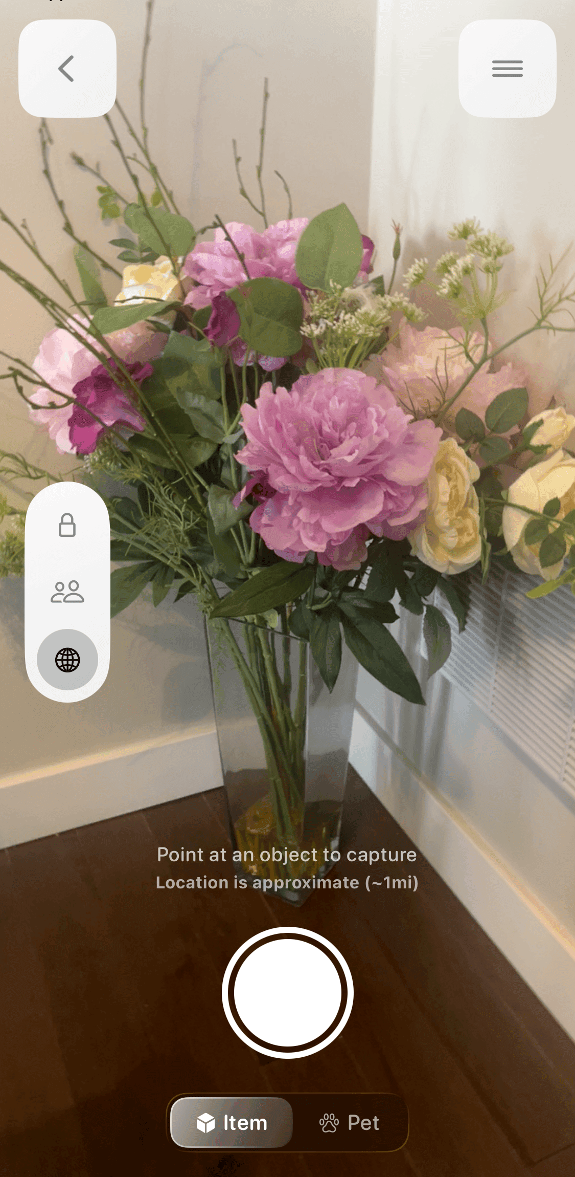SPACE0 iOS camera pointed at a real bouquet, ready to capture it as a 3D object.