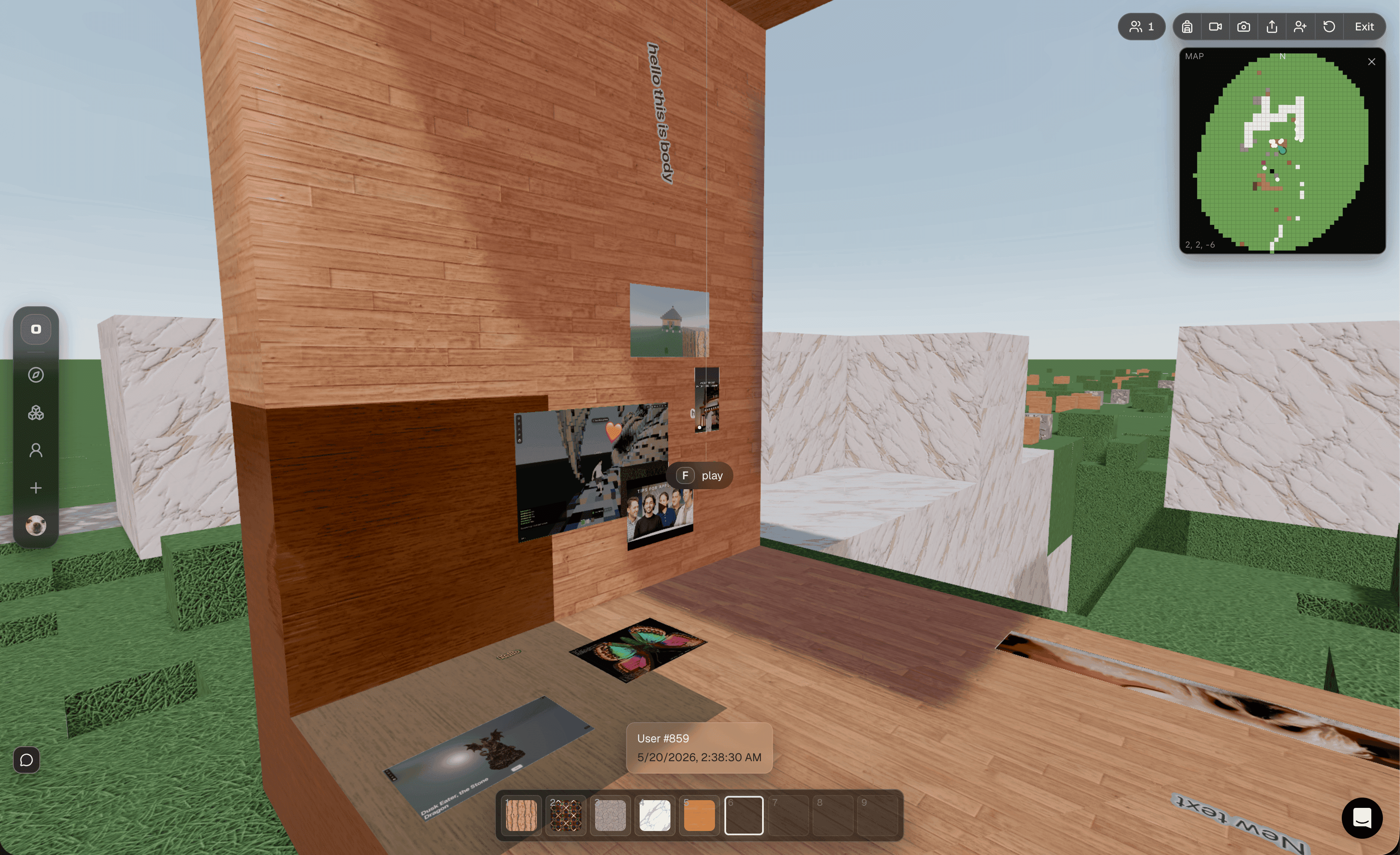 Framed image posts placed on a wooden structure in a SPACE0 world.