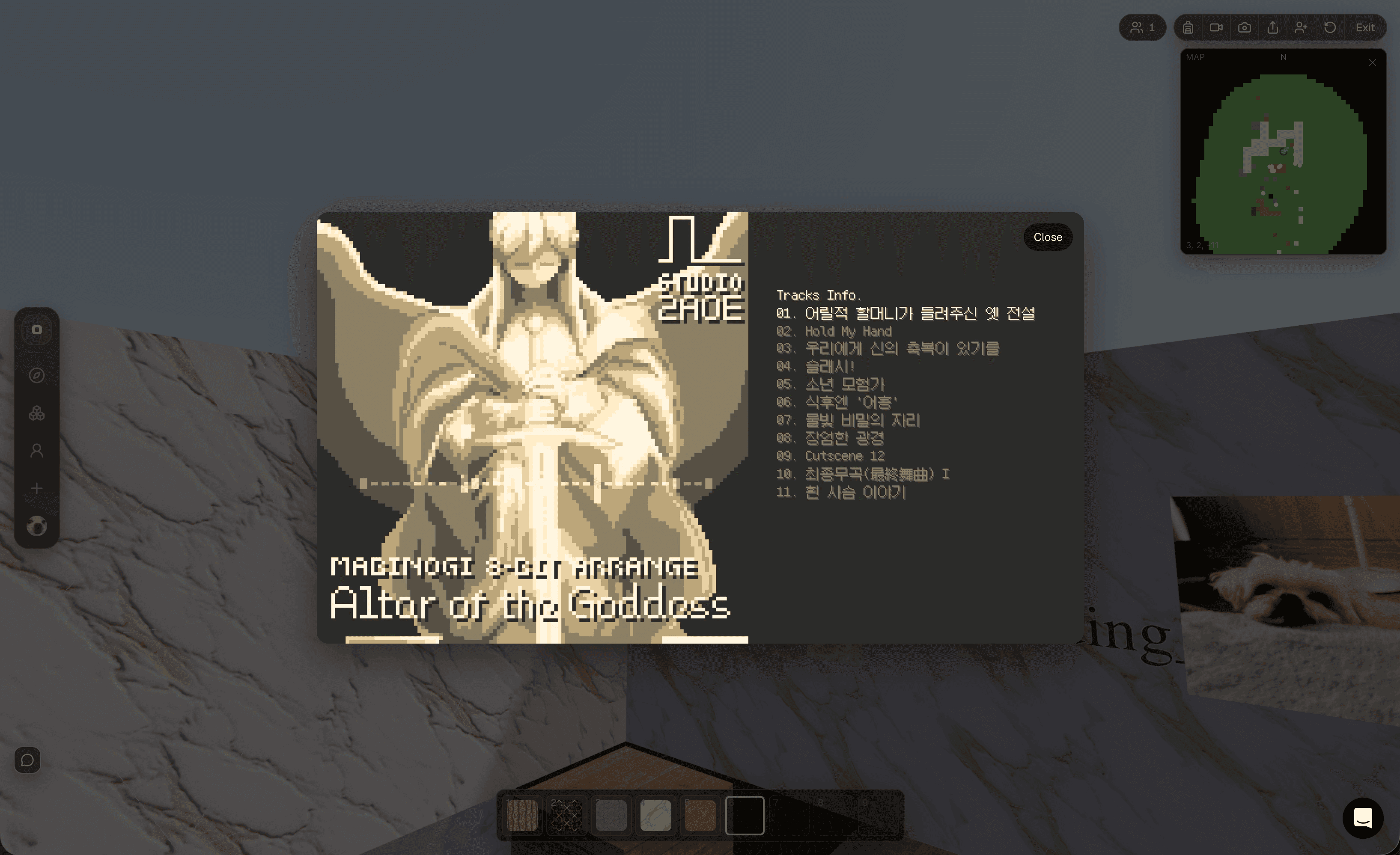 A media card with a track list displayed on a surface in a SPACE0 world.
