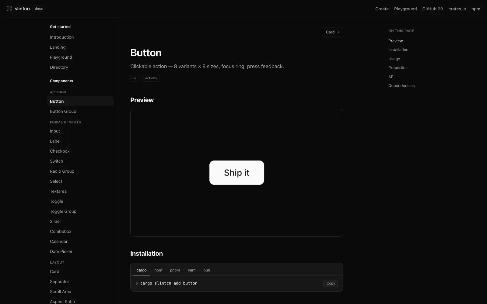 The slintcn Button component page with a live WASM preview and cargo and npm install tabs.