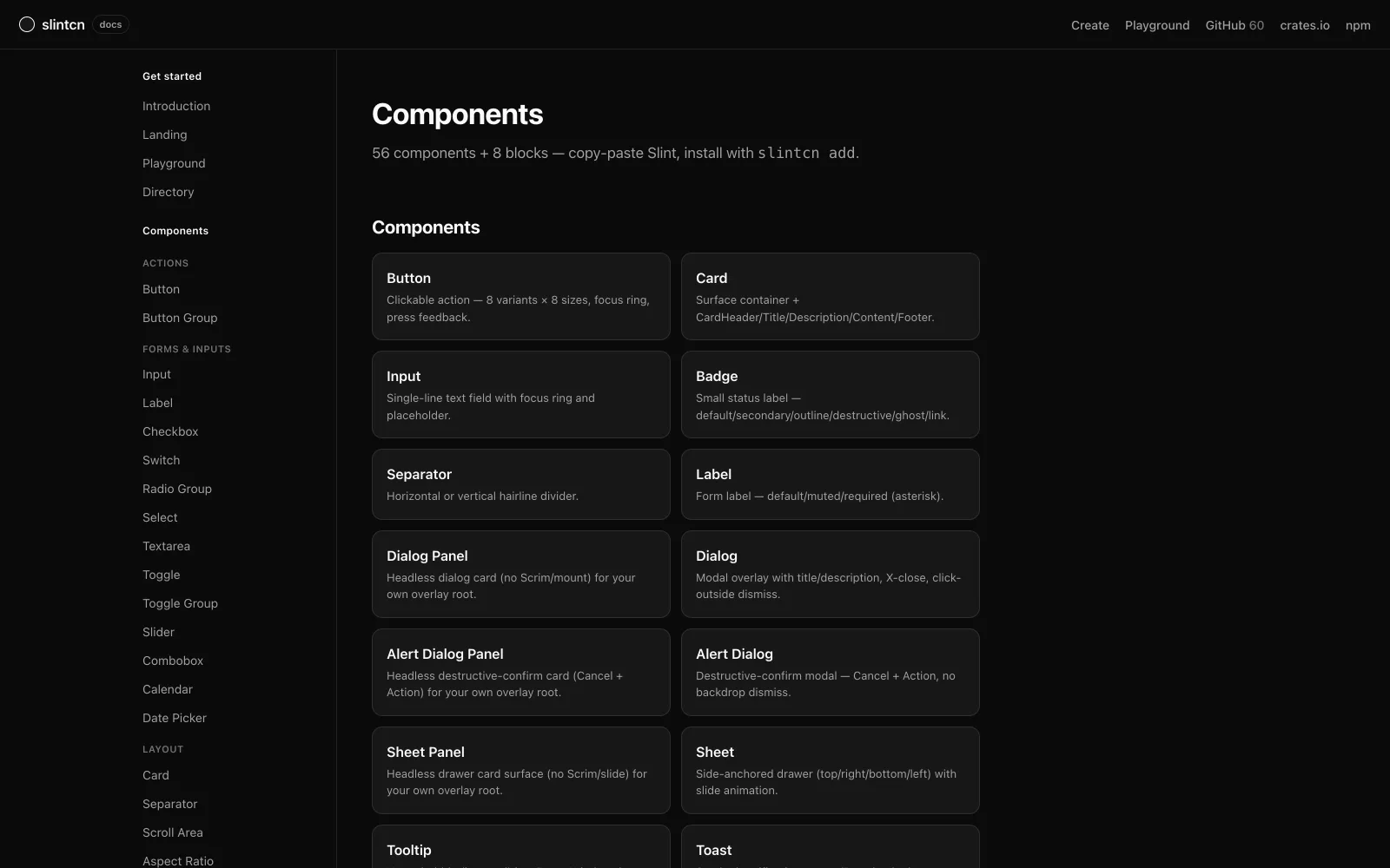 The slintcn registry components page showing 56 components with live WASM previews.