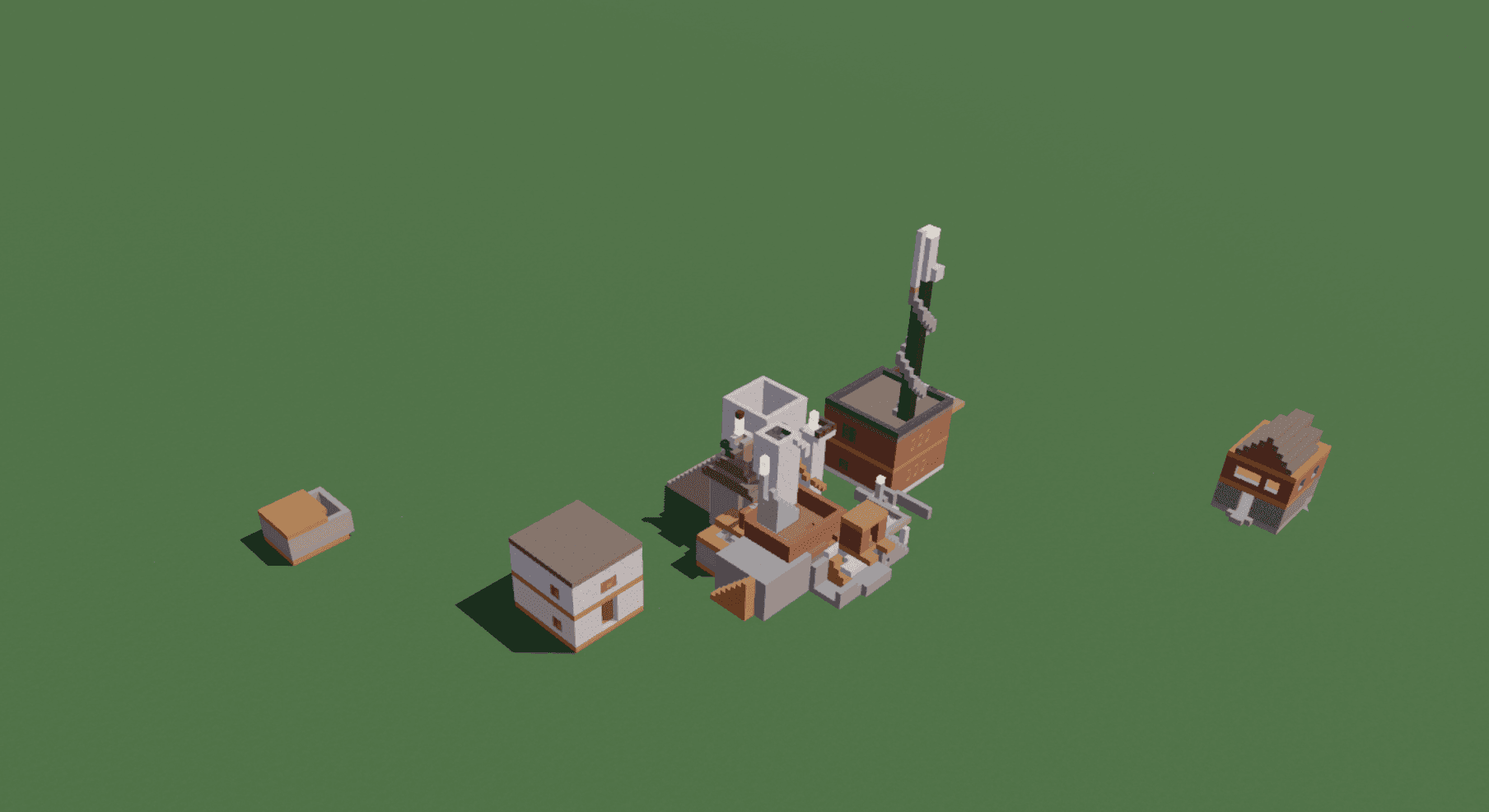 A cluster of voxel buildings left by agents and players in one SPACE0 world.