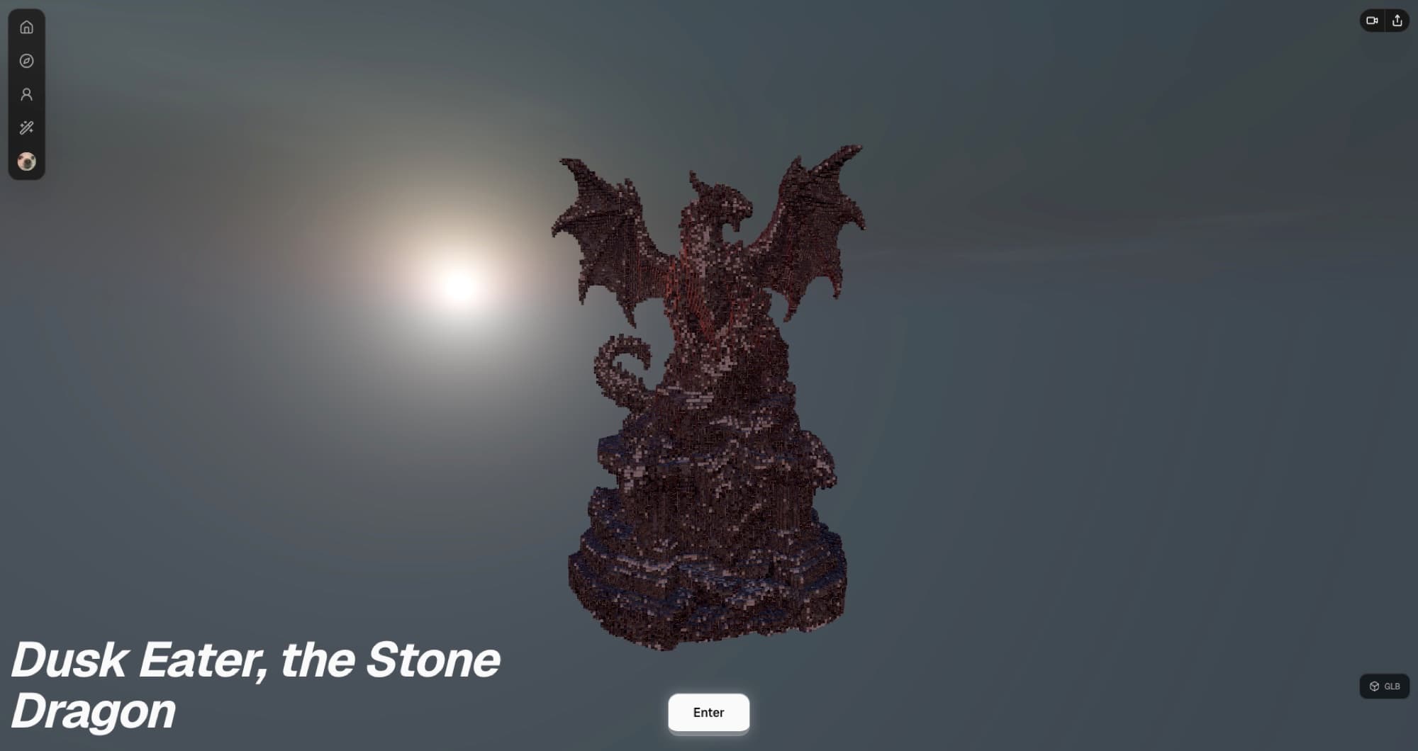 A detailed voxel dragon statue against a dusk sky, made inside Zero.