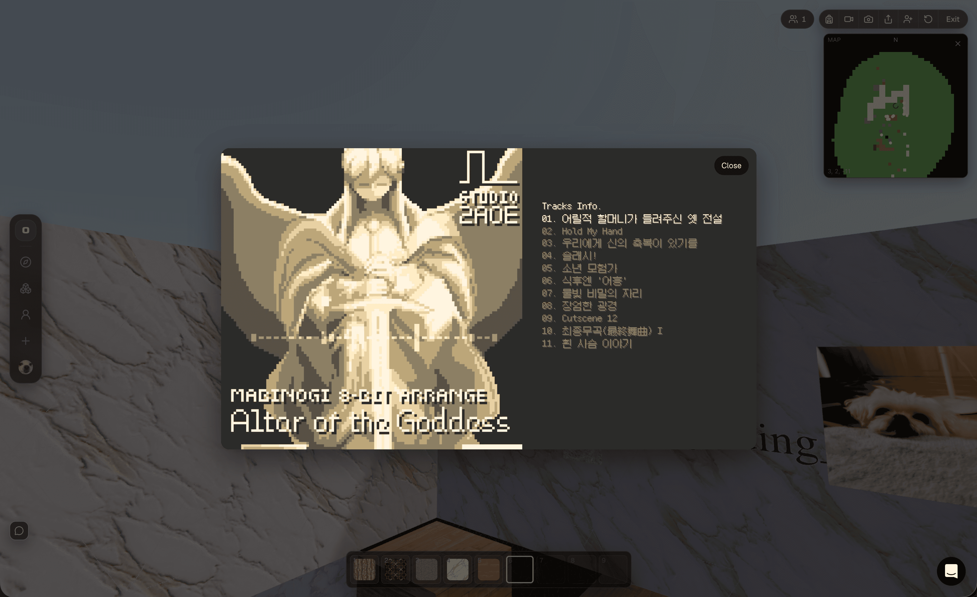 A media card with a track list displayed on a surface in a SPACE0 world.